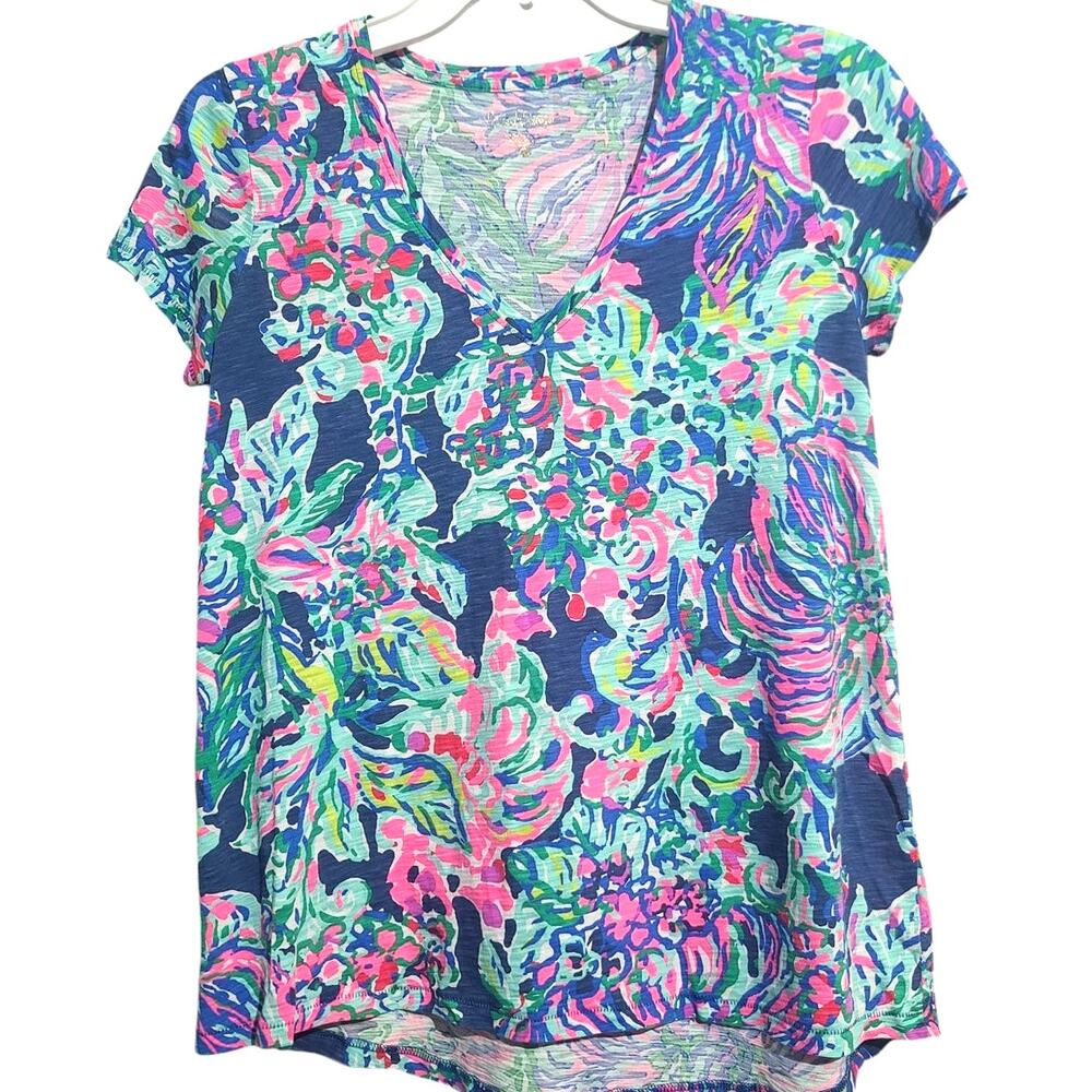 Lilly Pulitzer V-Neck Blue Pink Floral Print Shirt Size XS